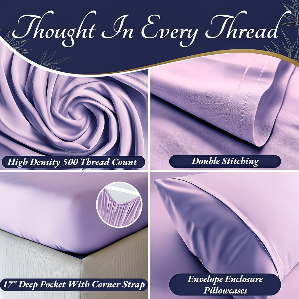 Collage of purple bedding with text highlighting features like high density thread count and double stitching.