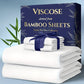 White bamboo sheets with a blue box labeled 'Viscose Derived from Bamboo Sheets' on a light blue background.