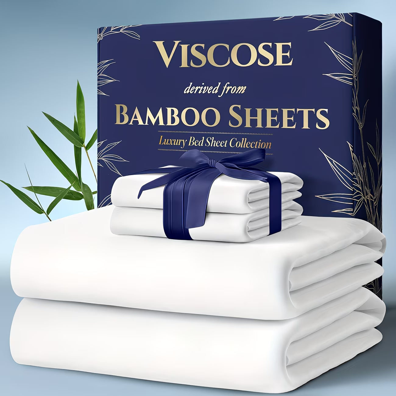 White bamboo sheets with a blue box labeled 'Viscose Derived from Bamboo Sheets' on a light blue background.