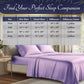 Bedding set with size chart on a bed in a bedroom setting