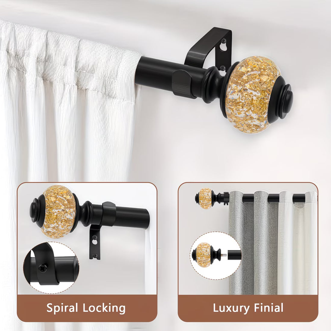 Curtain rod with gold and black finial against a white curtain background