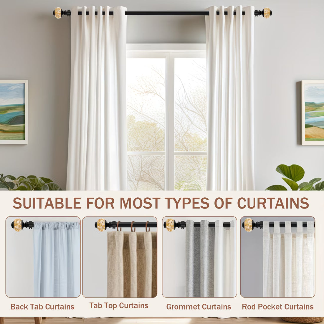White curtains hanging in a window with a decorative banner and smaller images of different curtain types.