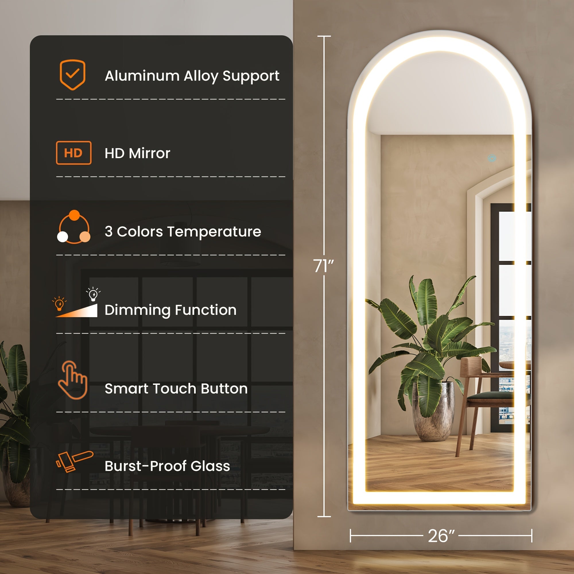 LED lighted mirror with features listed on a black panel, placed indoors.