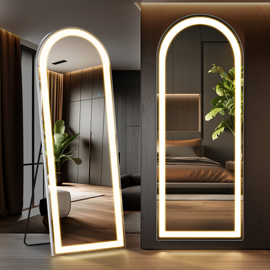 Two illuminated floor mirrors in a modern bedroom setting.