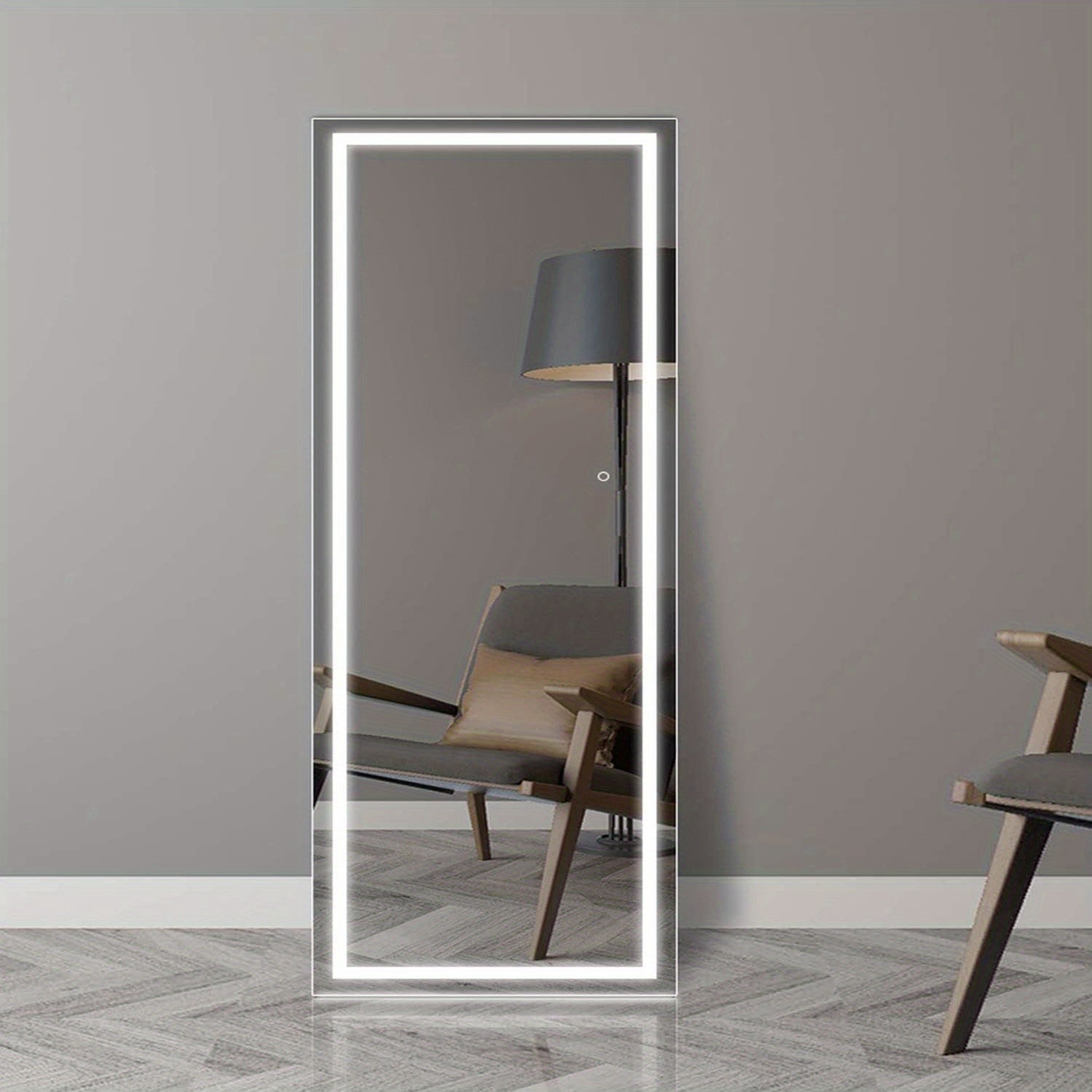 Full-length mirror with LED lighting in a room with a chair and lamp.