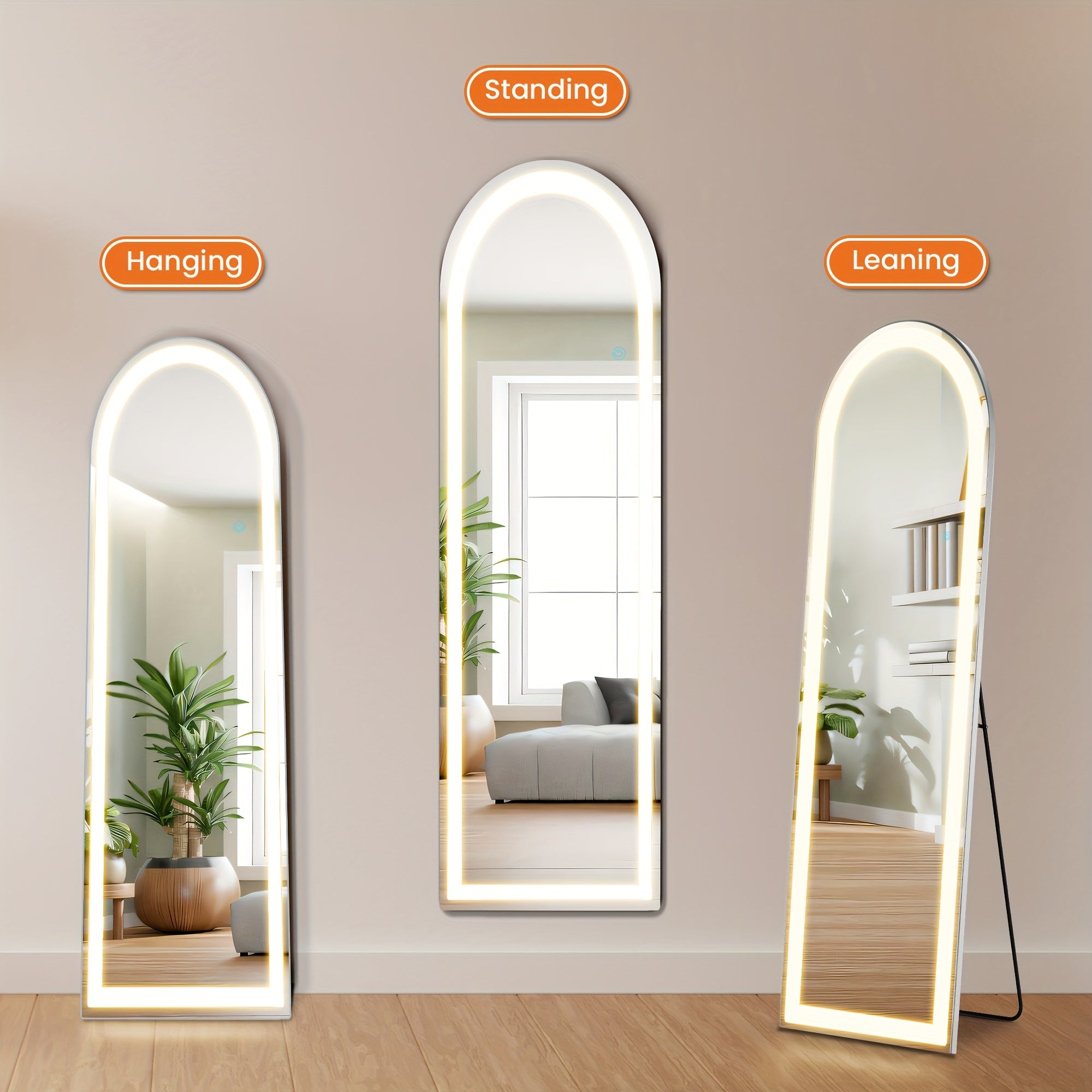 Three different ways to use a standing mirror: hanging, leaning, and standing.