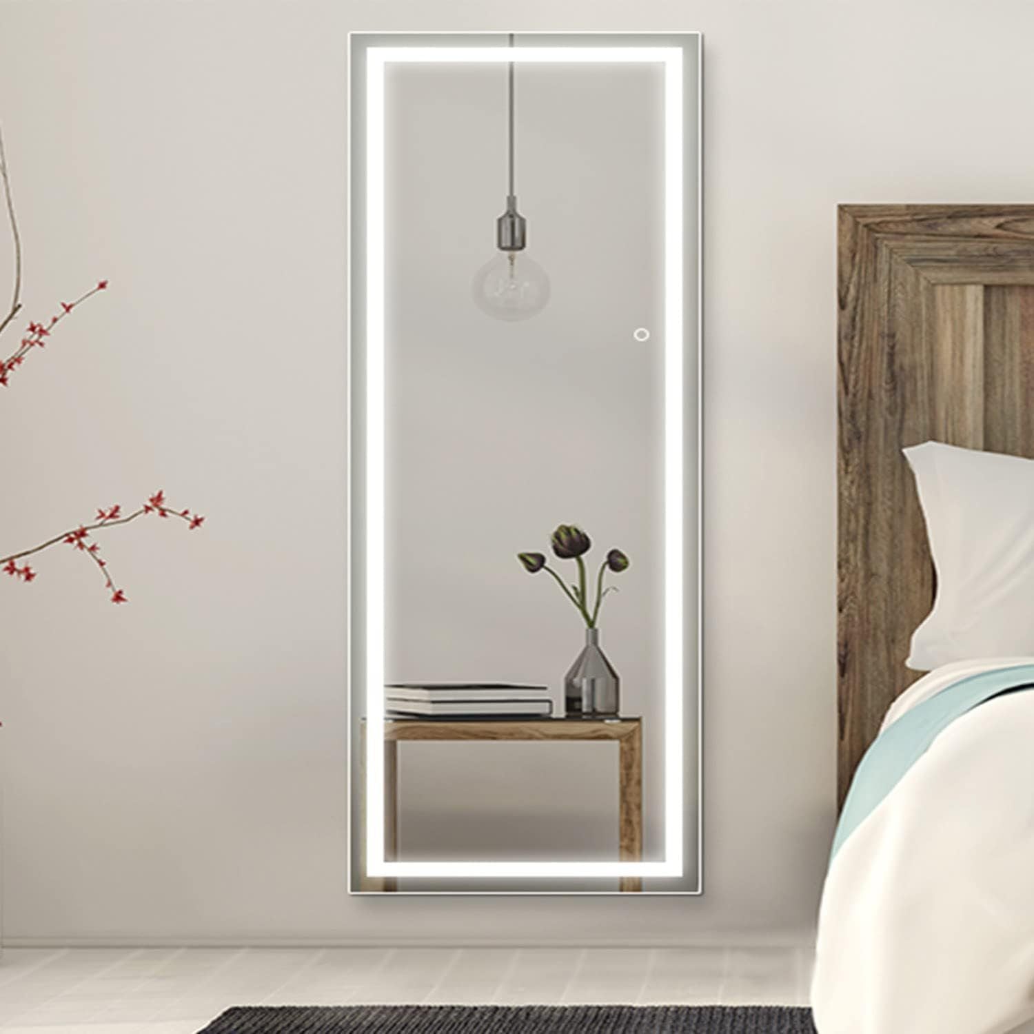 Full-length mirror with LED lighting in a bedroom setting