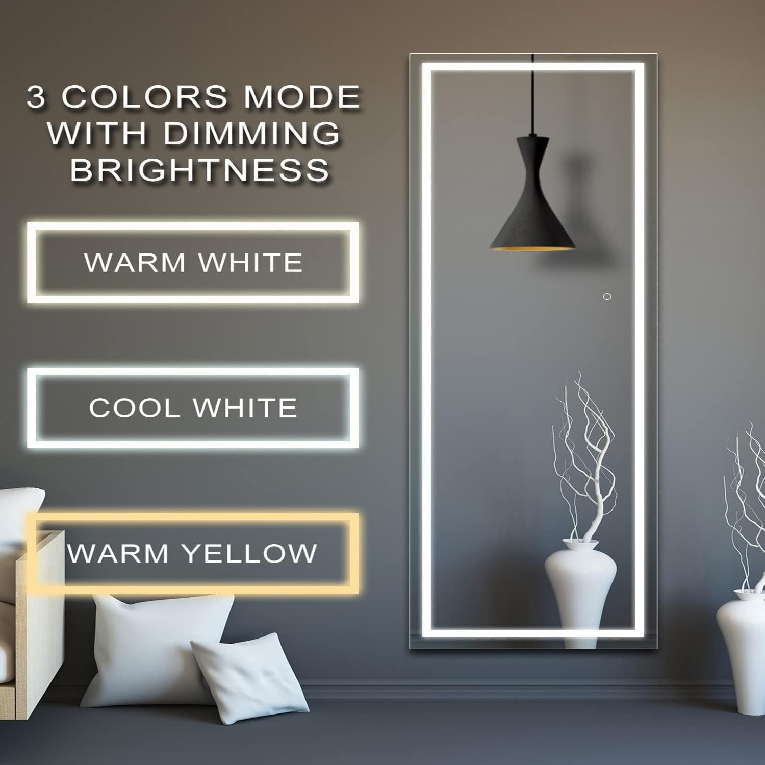 Smart mirror with LED light strip displaying color modes on a wall.