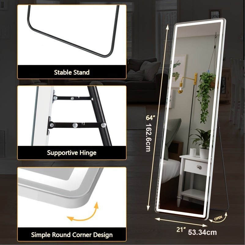 Full-length mirror with stable stand, supportive hinge, and simple round corner design features.