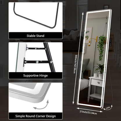 Full-length mirror with stable stand, supportive hinge, and simple round corner design features.