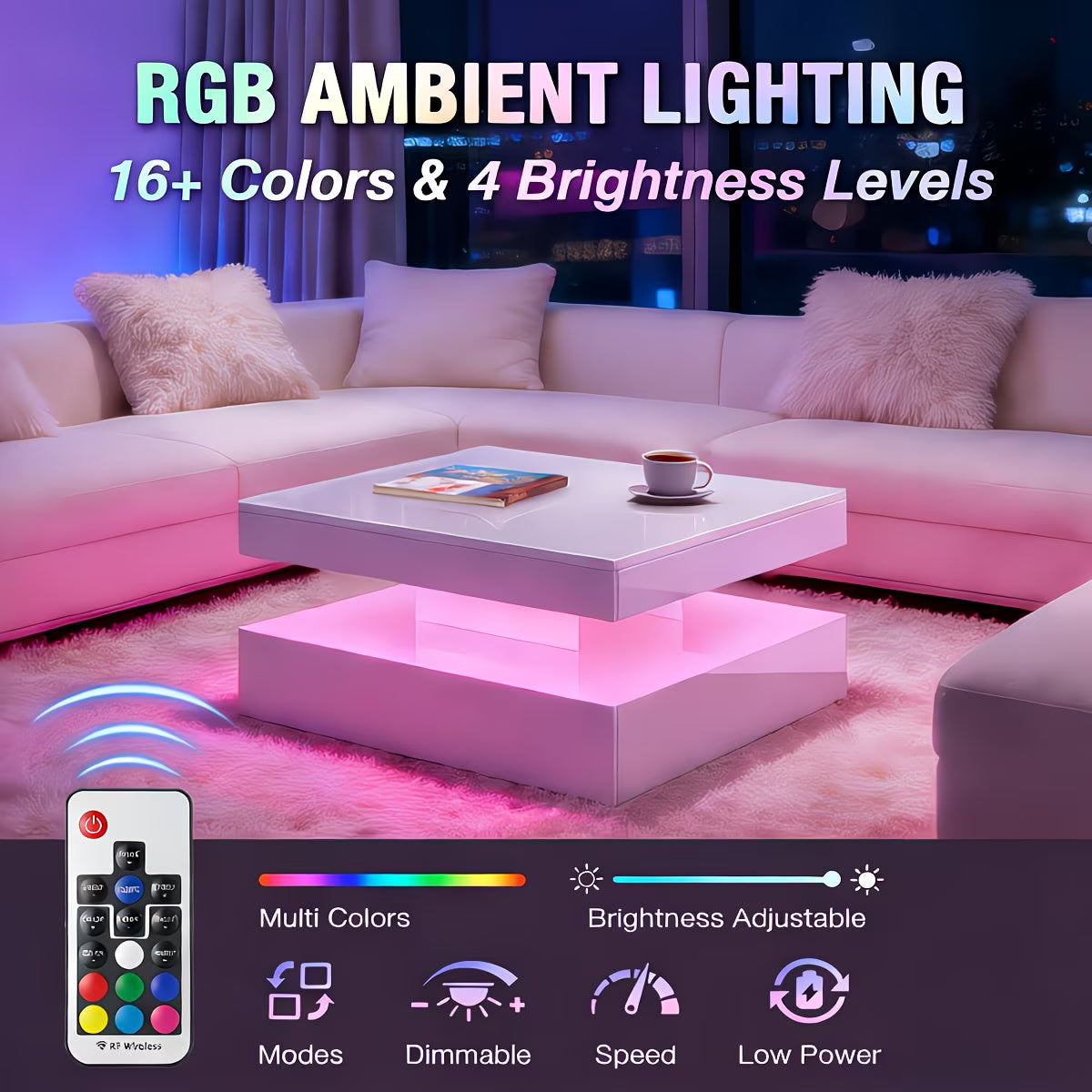 Living room with RGB ambient lighting, pink sofa, and coffee table with remote control.