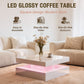 LED glossy coffee table with square design in a living room setting, featuring text on assembly and support.