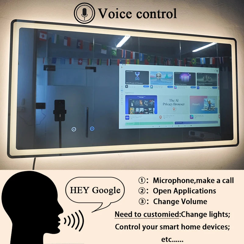 Smart display with voice control capabilities and a silhouette of a person speaking.
