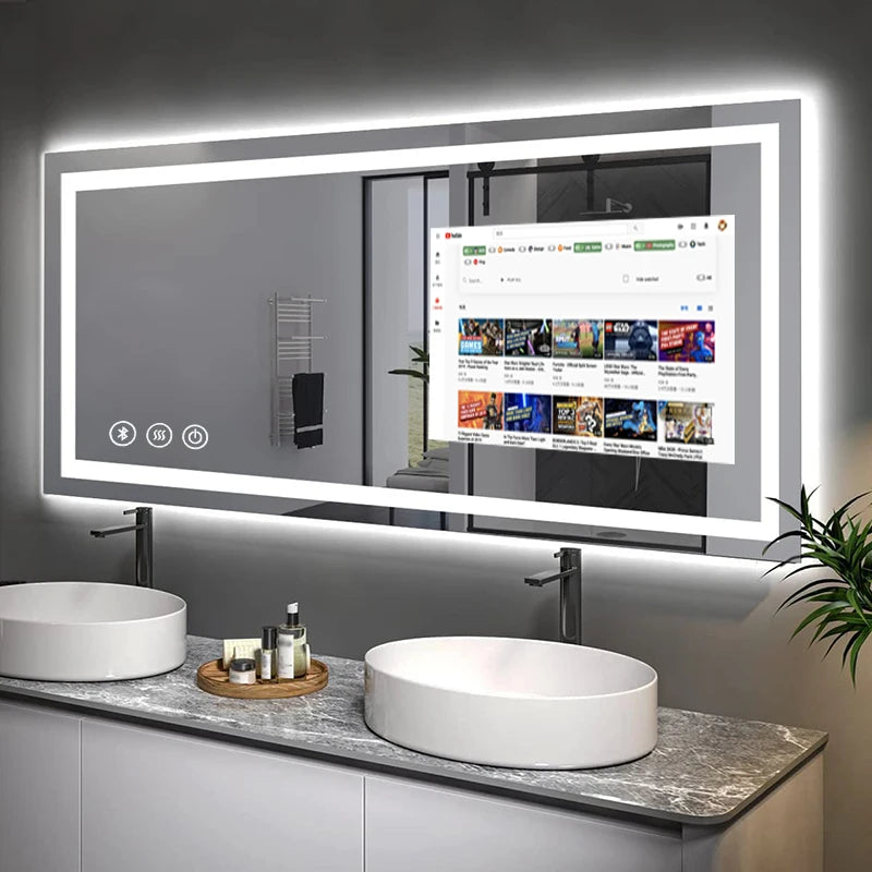 Bathroom vanity with a large illuminated mirror displaying a streaming app interface.