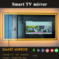 Smart TV mirror with digital display and branding text.