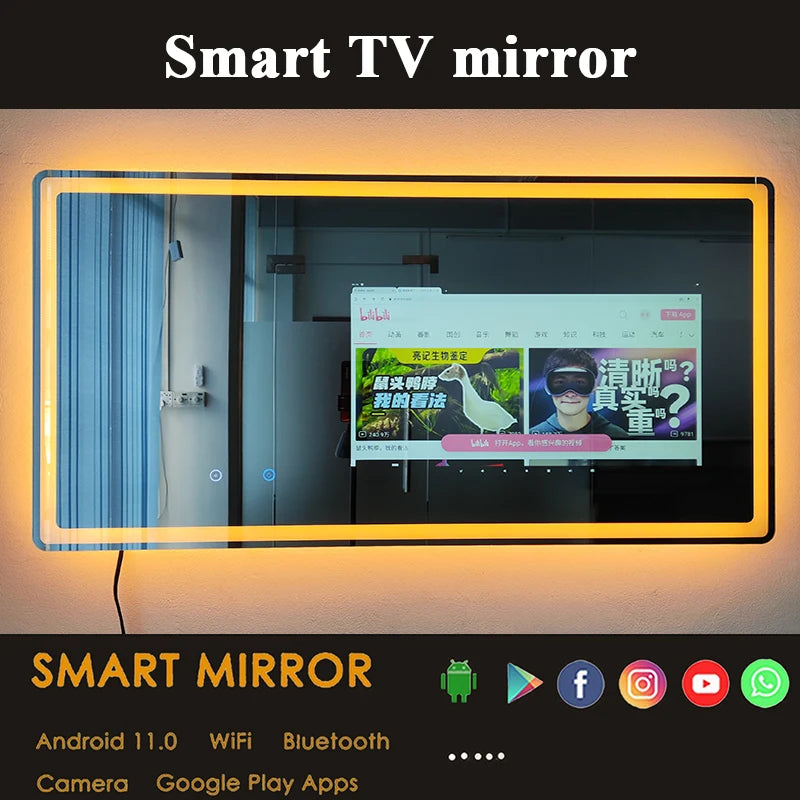 Smart TV mirror with digital display and branding text.
