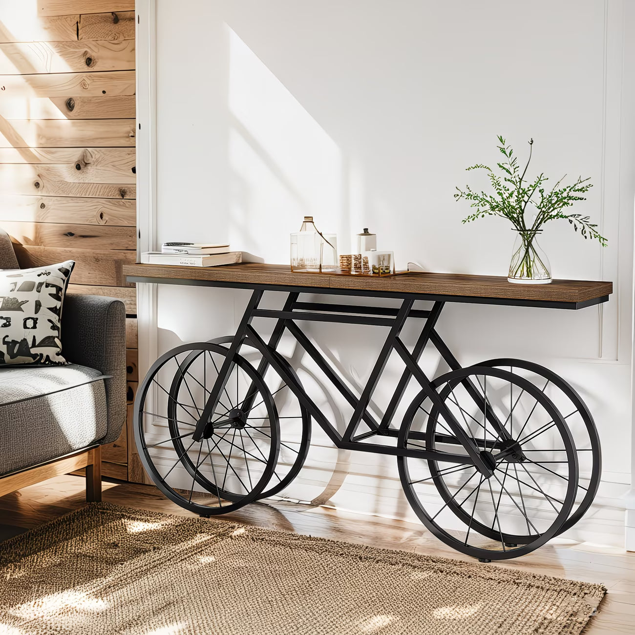Bicycle-shaped desk with wooden top in a room with a sofa and decorative elements.