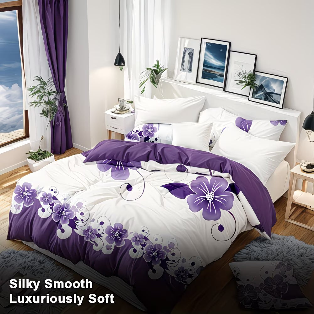 Bedroom with purple floral bedding and decor