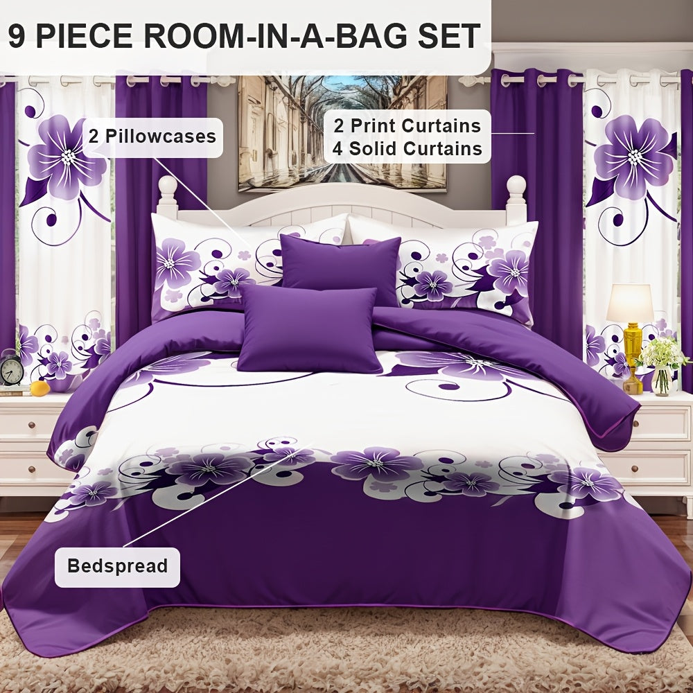 Purple floral bedding set with pillows, bedspread, and curtains on a bed.