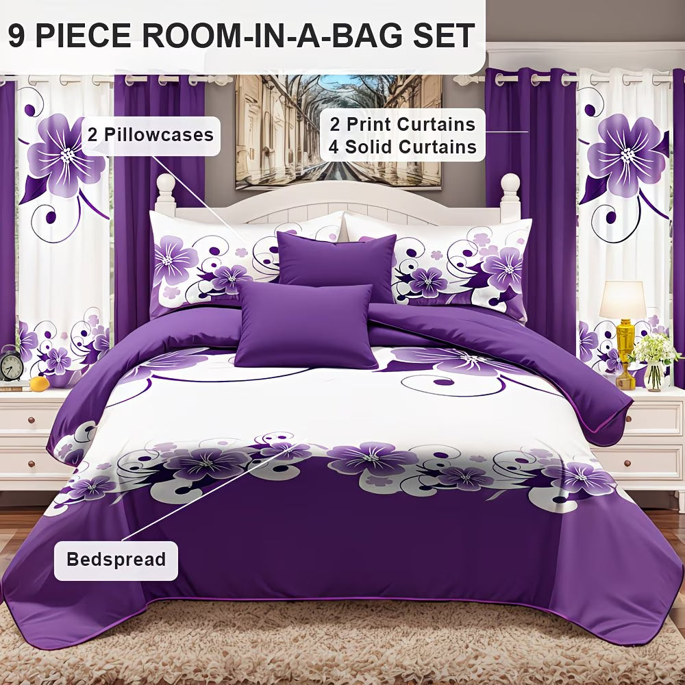 Purple floral bedding set with pillows, bedspread, and curtains on a bed.