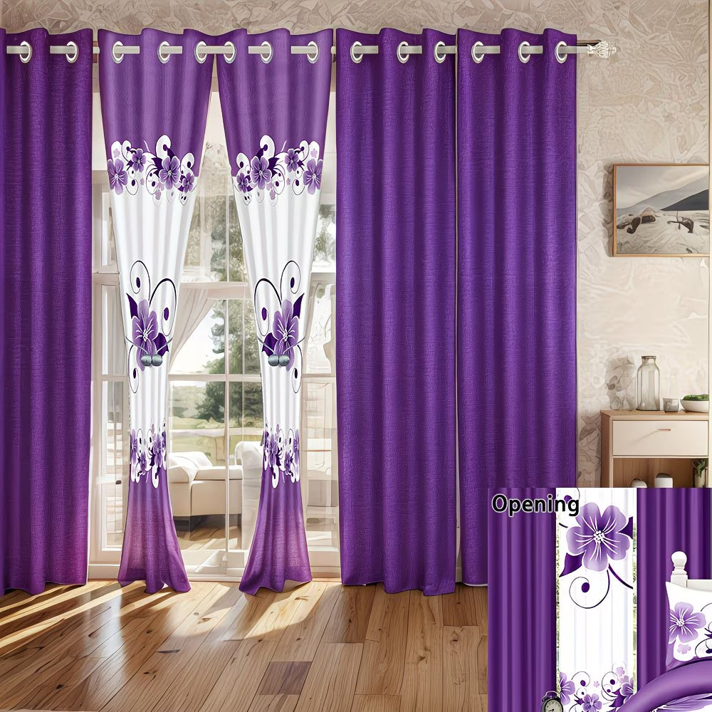Purple floral curtains with a matching valance in a room with wooden flooring.