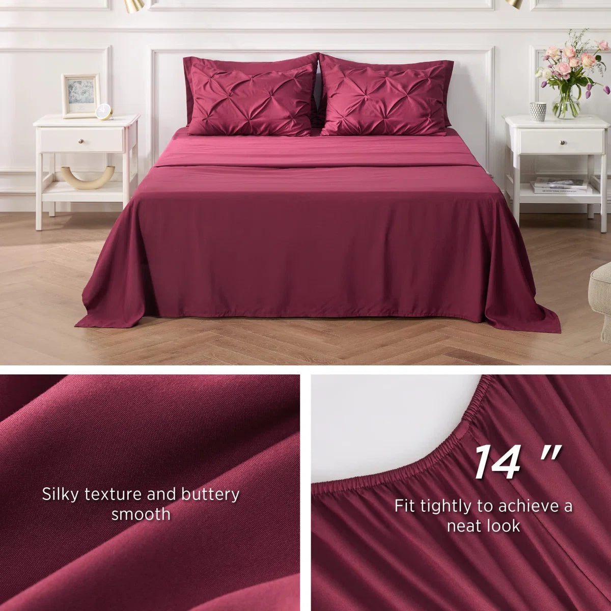Burgundy bedspread set on a bed with close-up details of texture and fit.