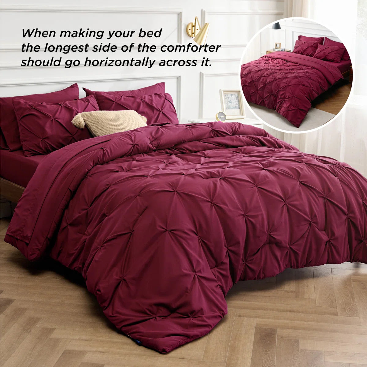 Burgundy comforter set on a bed with instructions on how to make the bed.