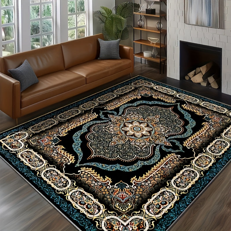 Decorative rug with intricate patterns in a living room setting.
