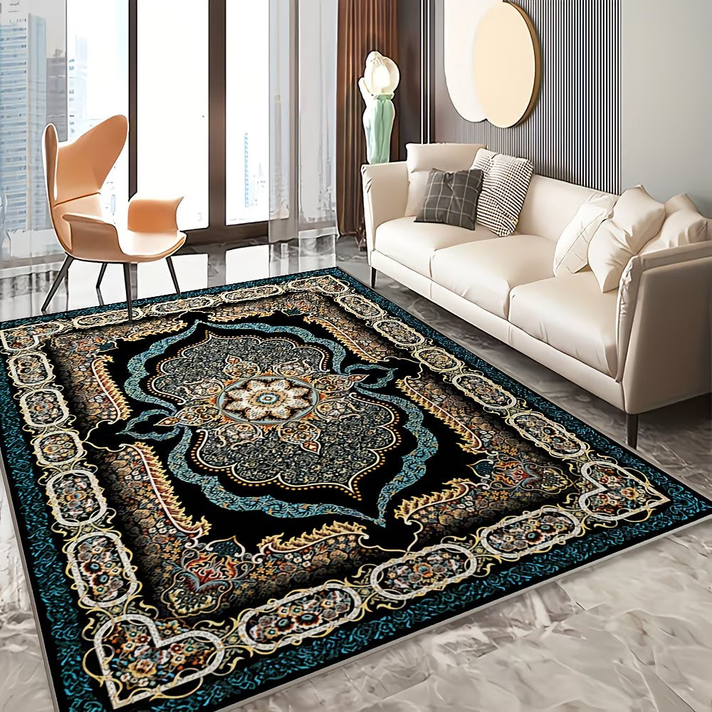 Decorative rug with intricate patterns in a living room setting