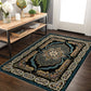 Decorative rug with intricate patterns in a room with a wooden table and plants.