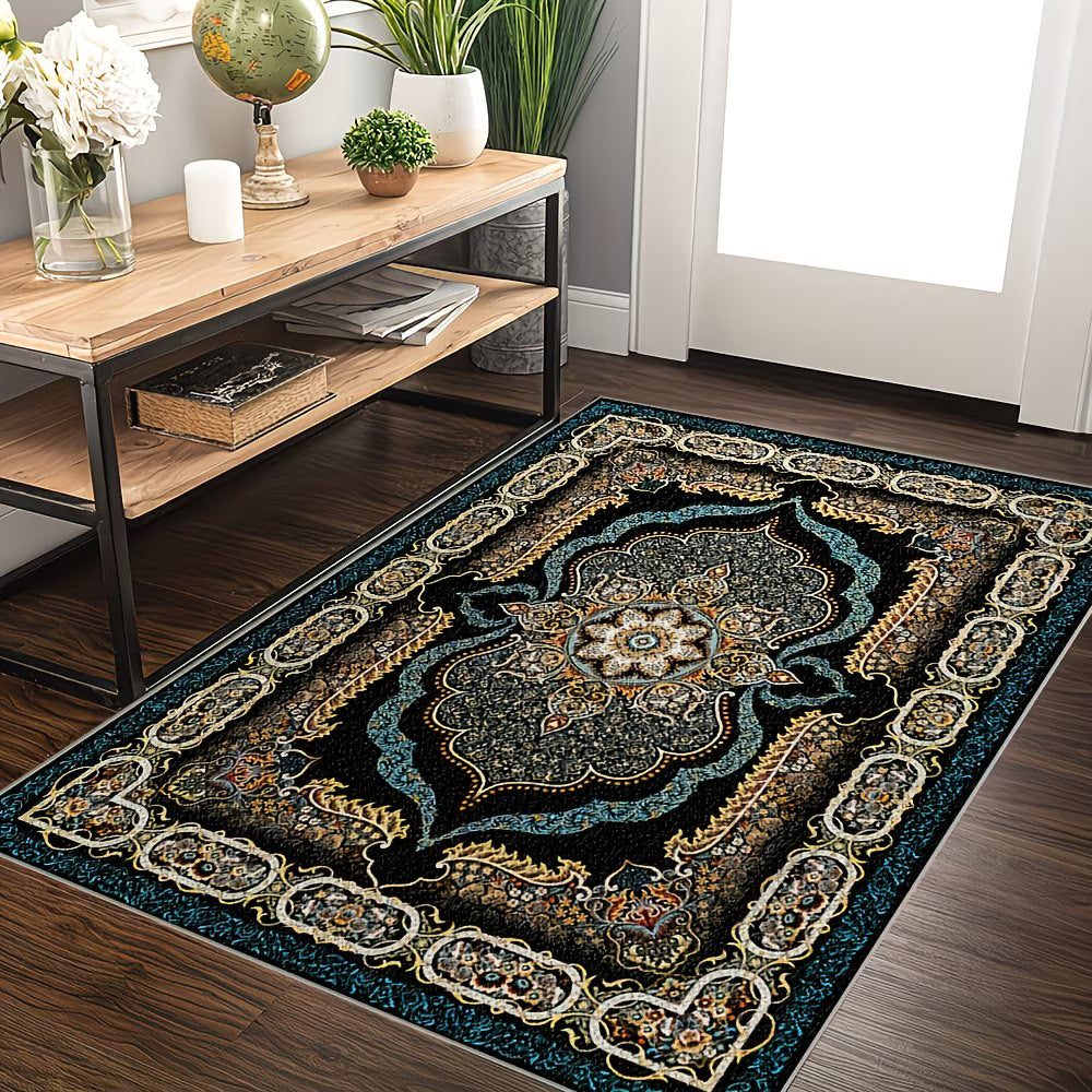 Decorative rug with intricate patterns in a room with a wooden table and plants.