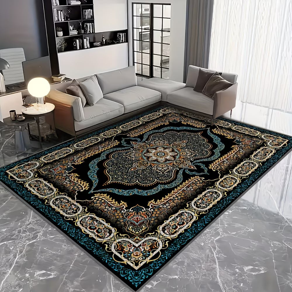 Decorative rug with intricate patterns in a modern living room setting.