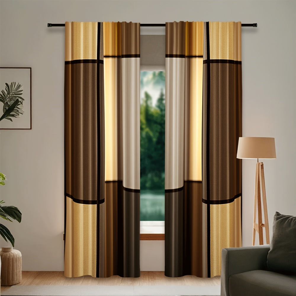 Striped curtains in a living room with a couch and lamp.