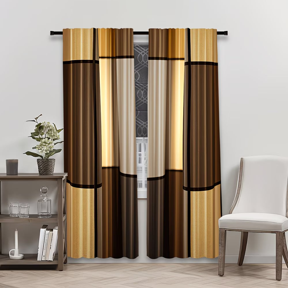 Striped curtains in brown, beige, and black with a chair and shelf in the background.