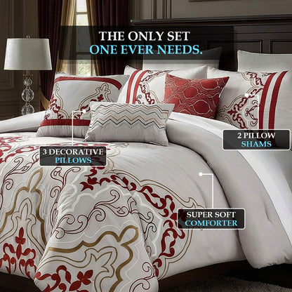 Bedding set with decorative pillows and super soft comforter on a bed.