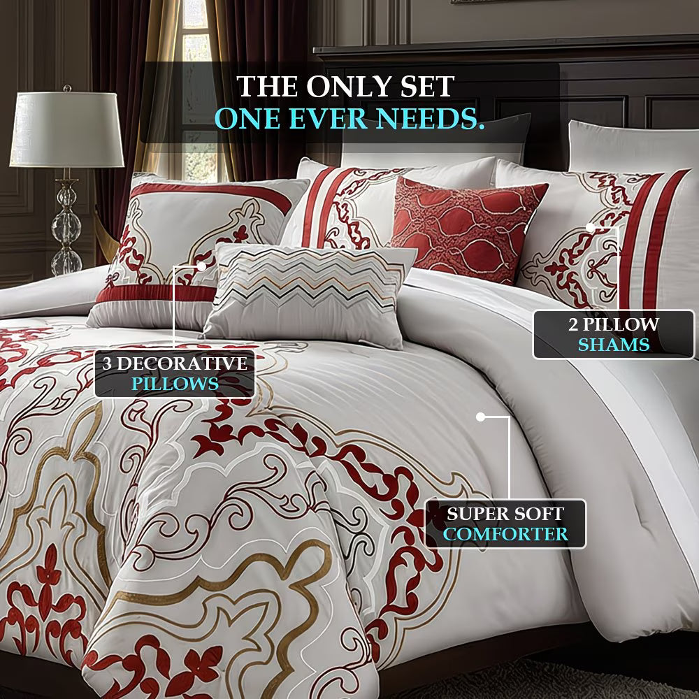 Bedding set with decorative pillows and super soft comforter in a bedroom setting.