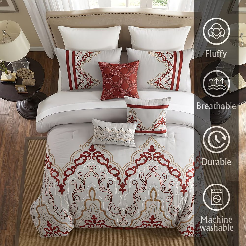 Bedroom with patterned bedding and decorative pillows, featuring icons and text about comfort and durability.
