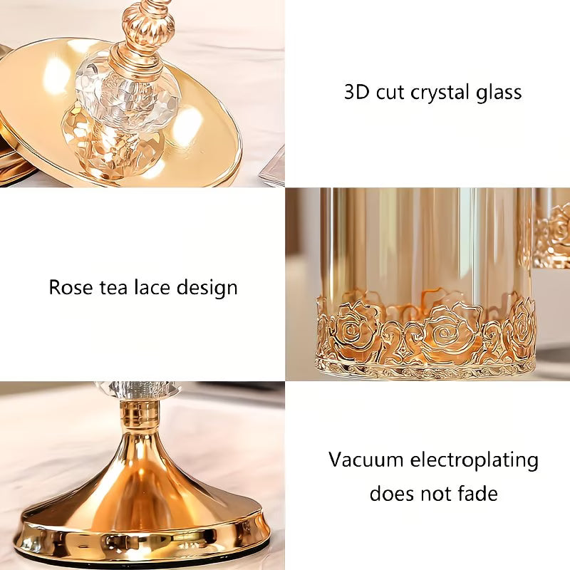 Gold and crystal glass product with rose tea lace design and vacuum electroplating feature.
