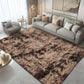 Brown shaggy rug in a living room with a gray sofa and decorative pillows.