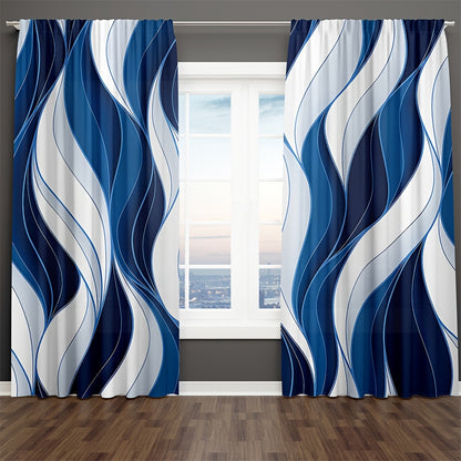 Blue and white wavy patterned curtains in front of a window.
