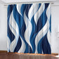 Blue and white wavy patterned curtains in a room.