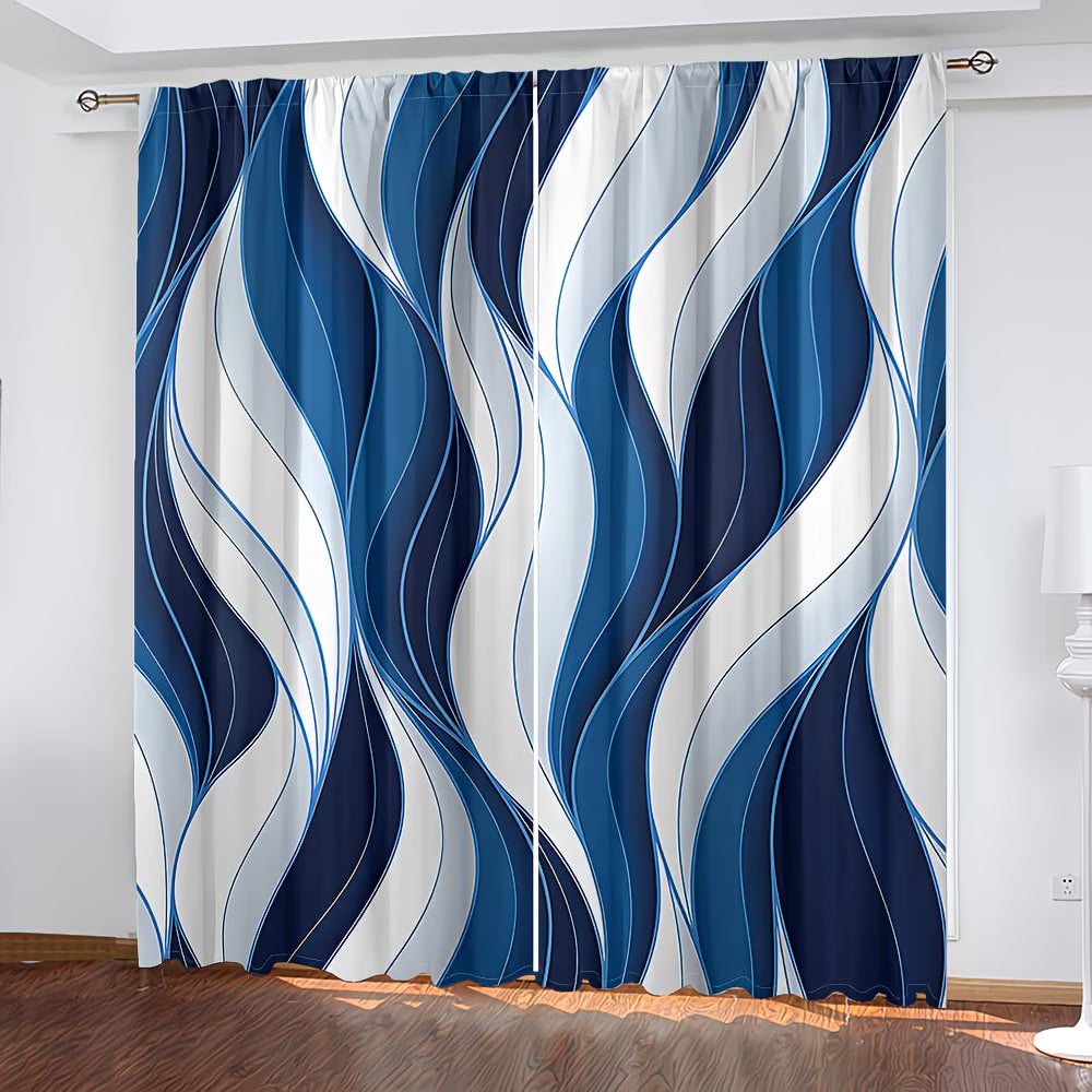 Blue and white wavy patterned curtains in a room.