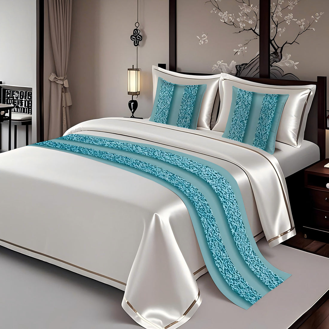 Bed with white bedding and blue decorative runner and pillows in a bedroom setting.