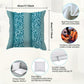 Blue patterned pillow with measurements and features on a white background