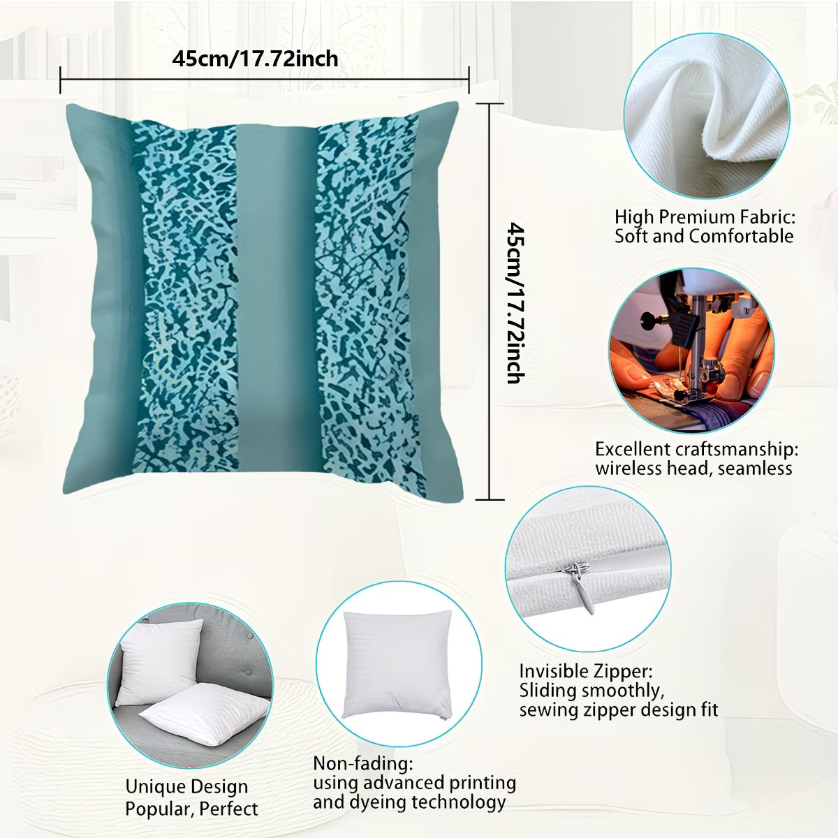 Blue patterned pillow with measurements and features on a white background