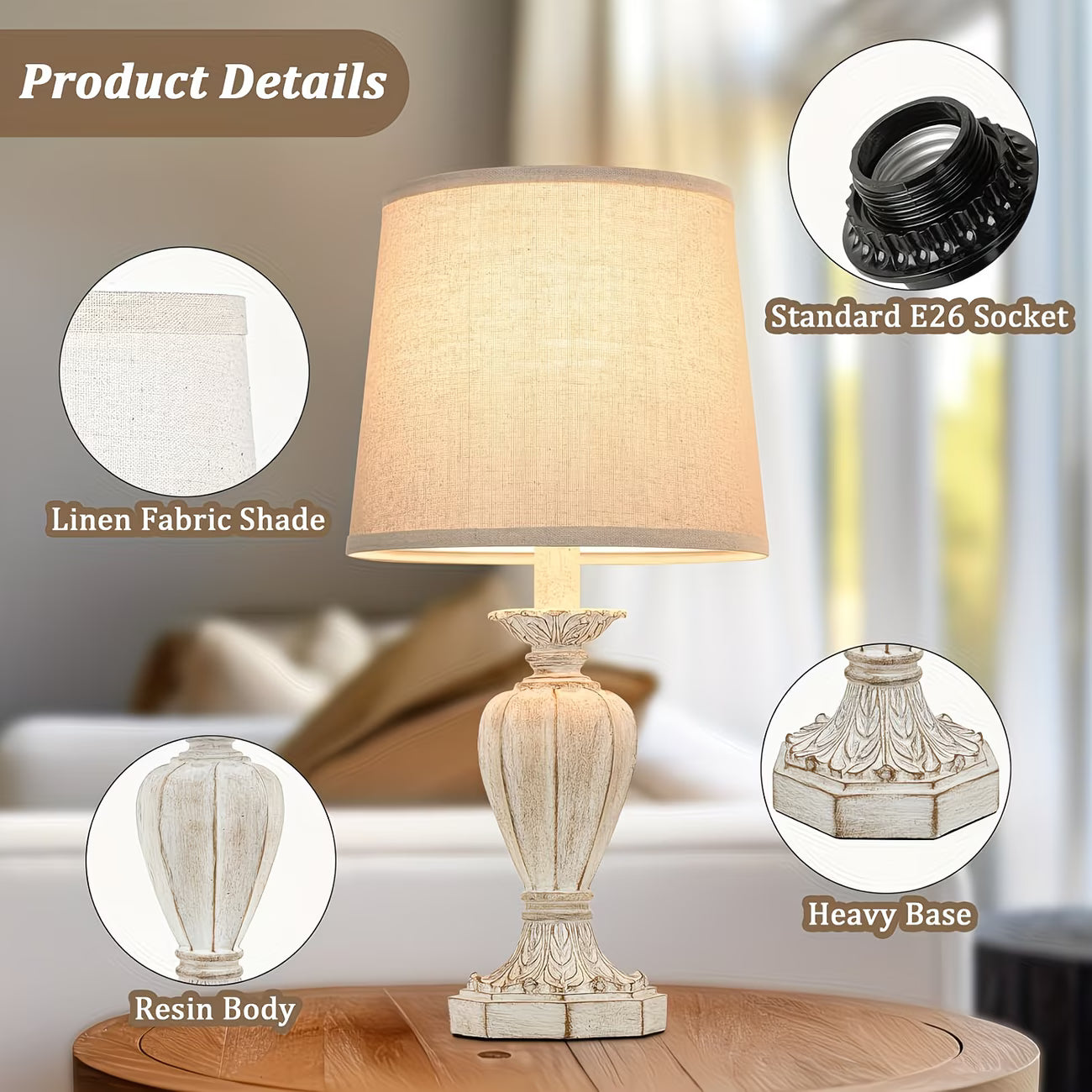 Table lamp with linen fabric shade, standard E26 socket, resin body, and heavy base on a wooden table.