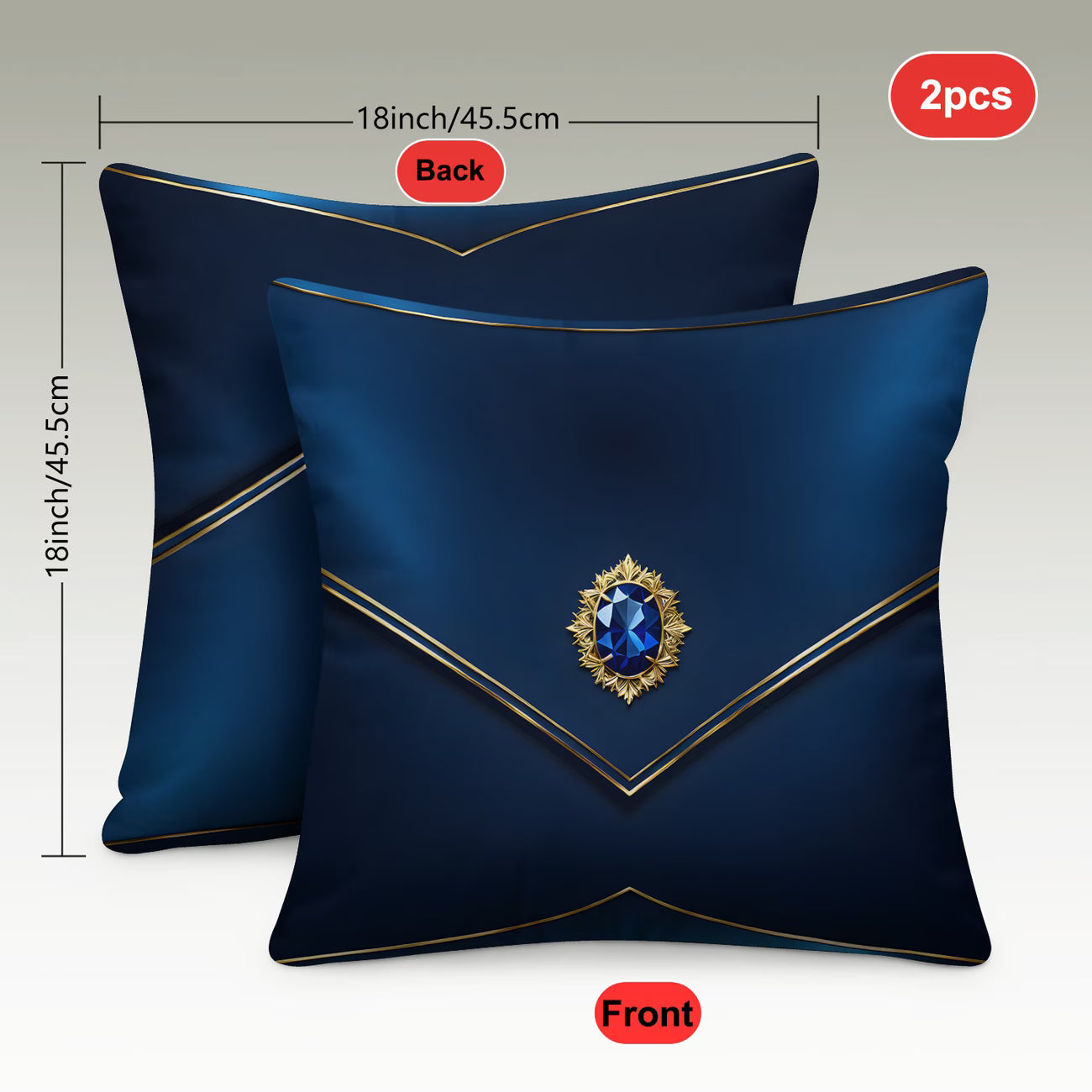 Two blue pillows with a decorative gemstone on a gray background