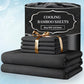 Set of black cooling bamboo sheets with a decorative box on a light blue background