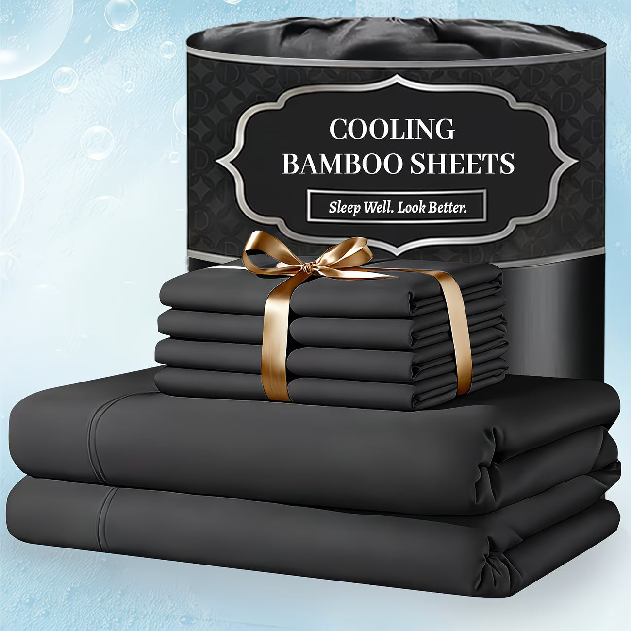 Set of black cooling bamboo sheets with a decorative box on a light blue background