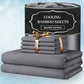 Set of cooling bamboo sheets with packaging on a light blue background